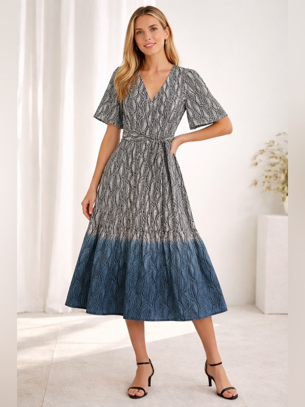 St. Roche Organic Cotton Wrap Midi Dress Leaf Print Blue Black Size 10